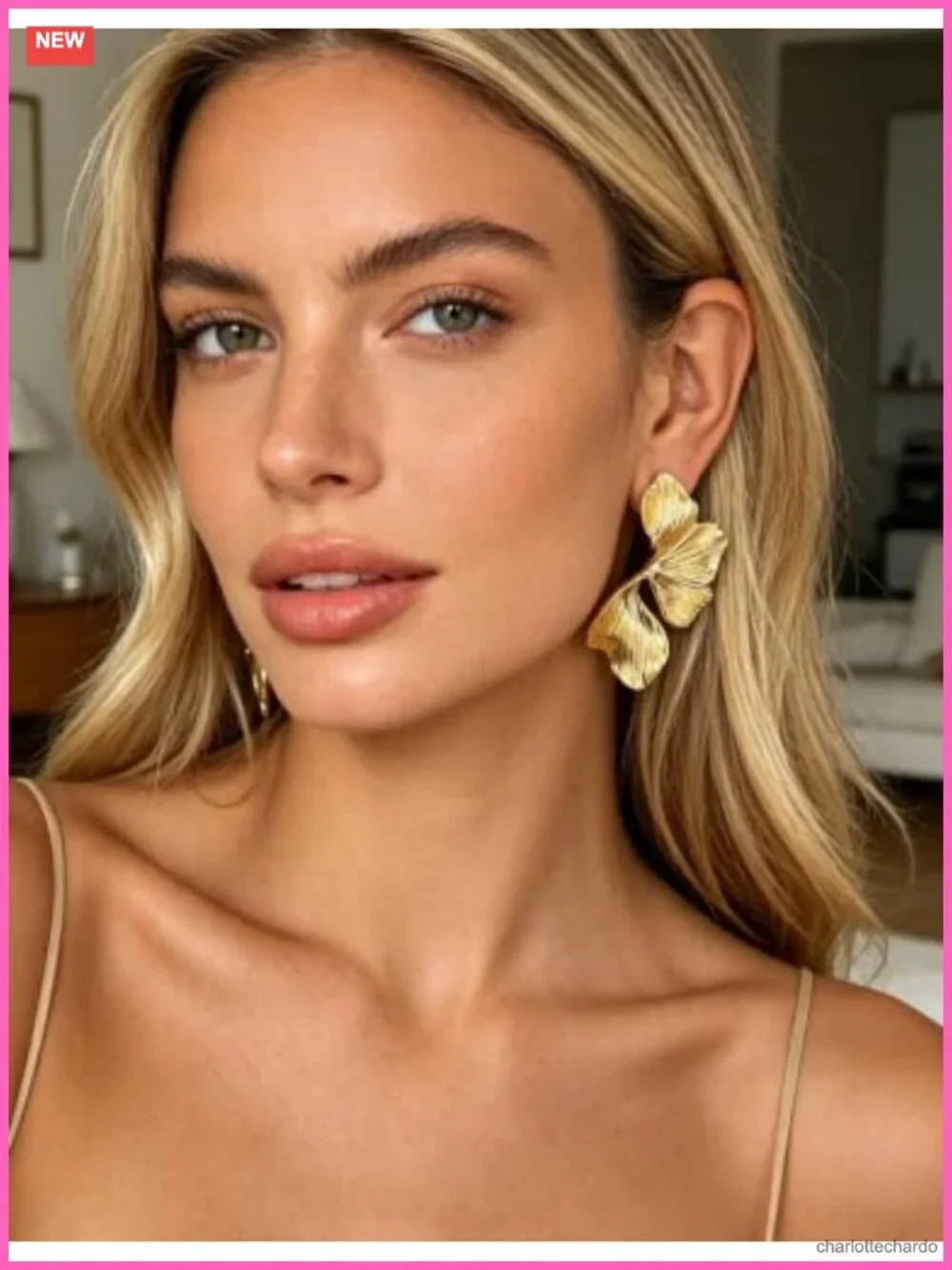 Gold Plated Statement Flower Drop Earrings for Women, Bohemian Floral 3D Design
